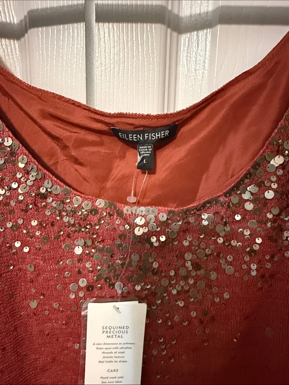 EILEEN FISHER Red Sequin-Embellished Linen-Blend Camisole - Picture 2 of 3
